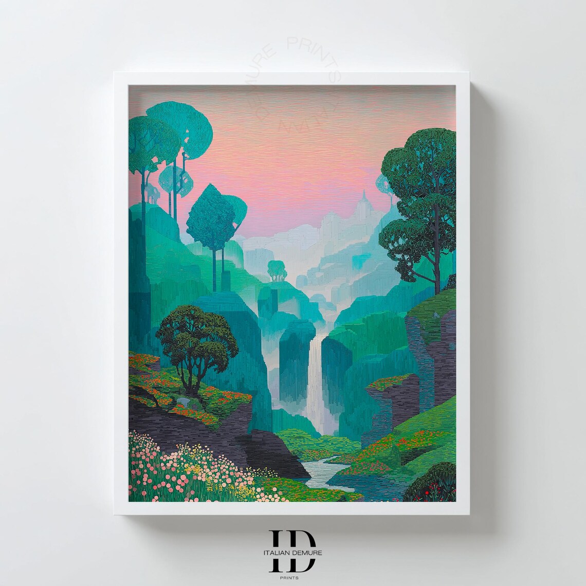 Teal Waterfall Landscape Wall Art Pastel Sunset Mountain Valley Print Botanical Nature Scene Poster