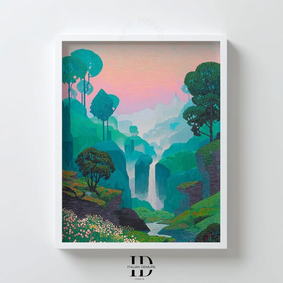 Teal Waterfall Landscape Wall Art Pastel Sunset Mountain Valley Print Botanical Nature Scene Poster