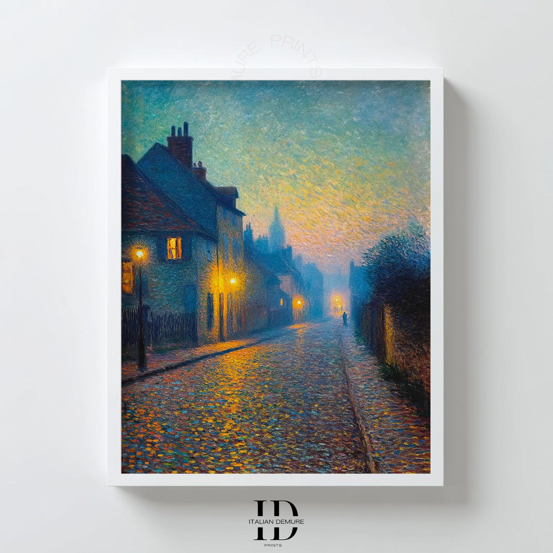 Evening Street With Glowing Lamps Impressionist Village Poster