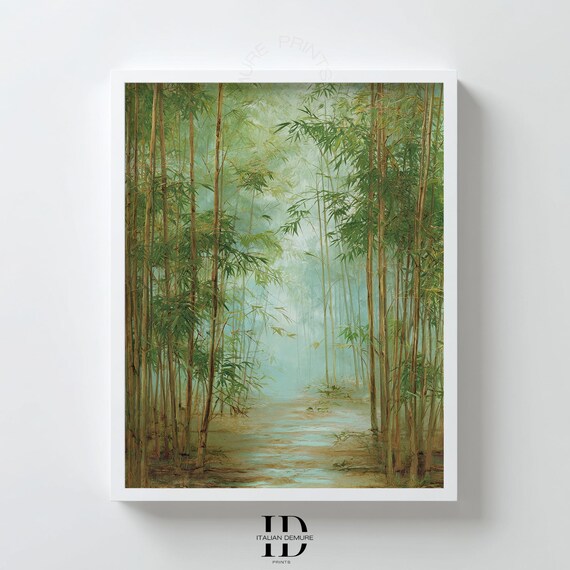 Bamboo Forest Wall Art Zen Nature Landscape Print Tranquil Greenery Pathway Poster Minimalist Botanical Decor Jungle Scene