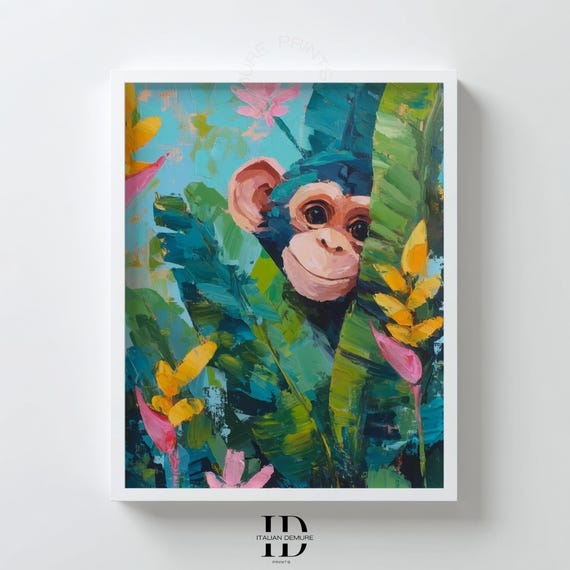 Jungle Monkey Wall Art Cute Baby Chimp Print Colorful Tropical Nursery Poster Playful Animal Painting Kids Room Decor
