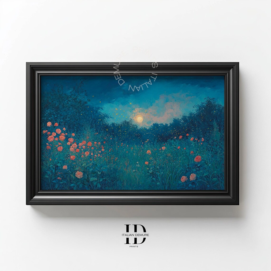 Moonrise Over Blue Floral Meadow Night Bloom Wildflowers Calm Wall Poster
