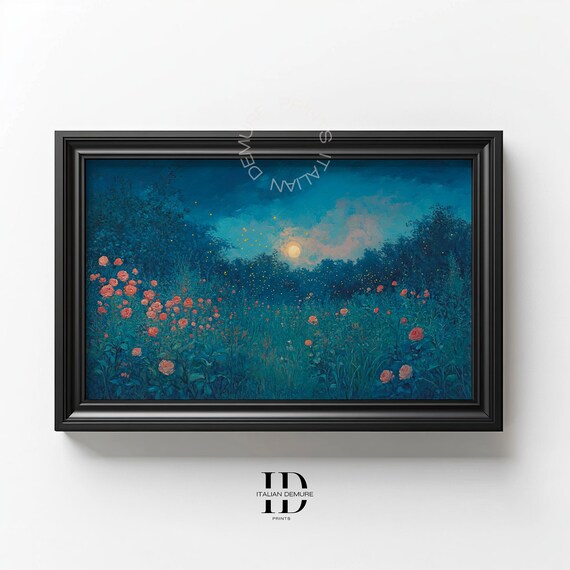 Moonrise Over Blue Floral Meadow Night Bloom Wildflowers Calm Wall Poster