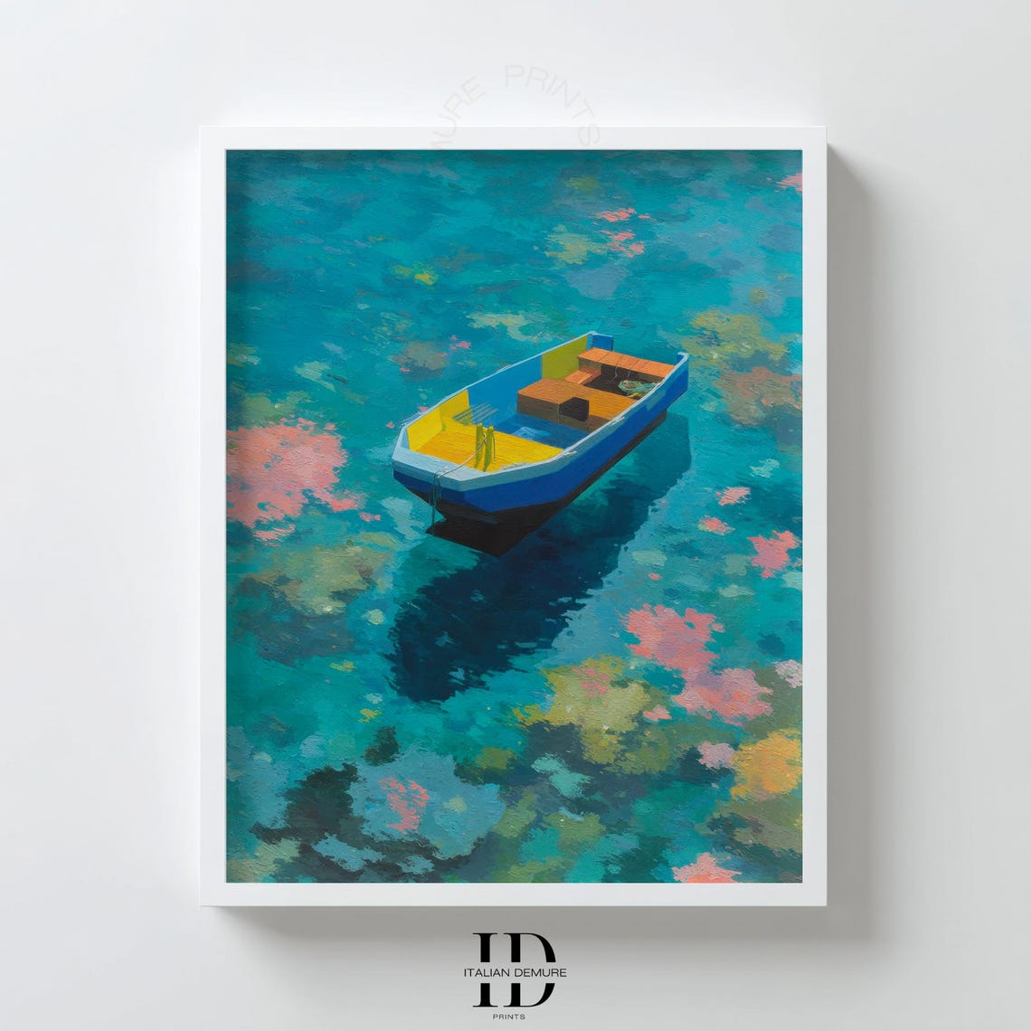 Lone Boat On Turquoise Water Aerial Ocean View Calm Art Print