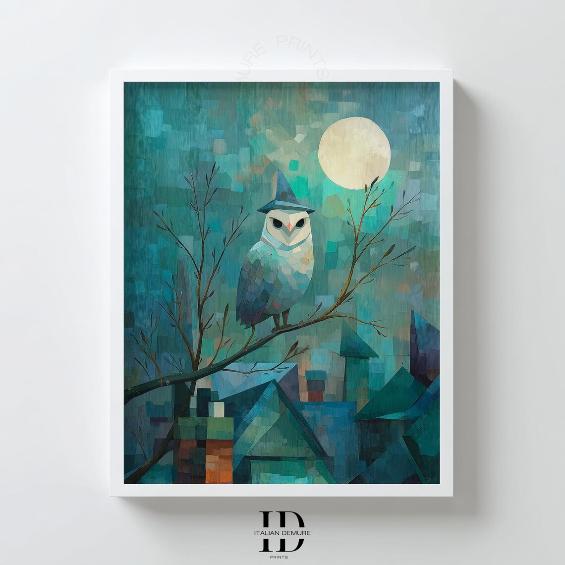 Geometric Owl Witch Hat Full Moon Teal Night Village Art Poster