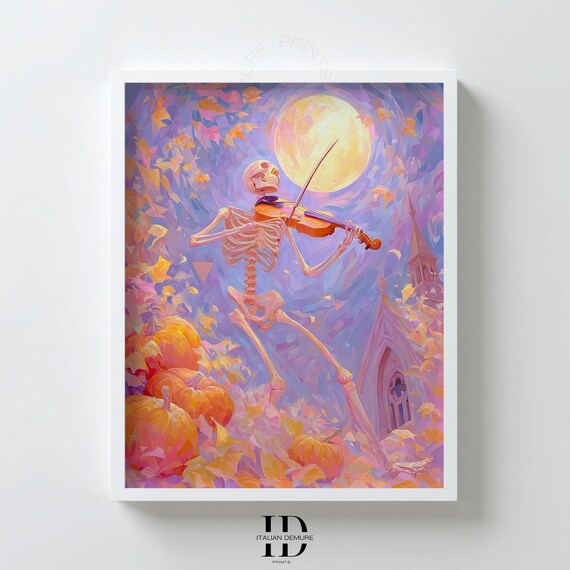 Skeleton Violin Wall Art Halloween Moonlight Print Gothic Pumpkin Scene Pastel Purple Autumn Decor Poster