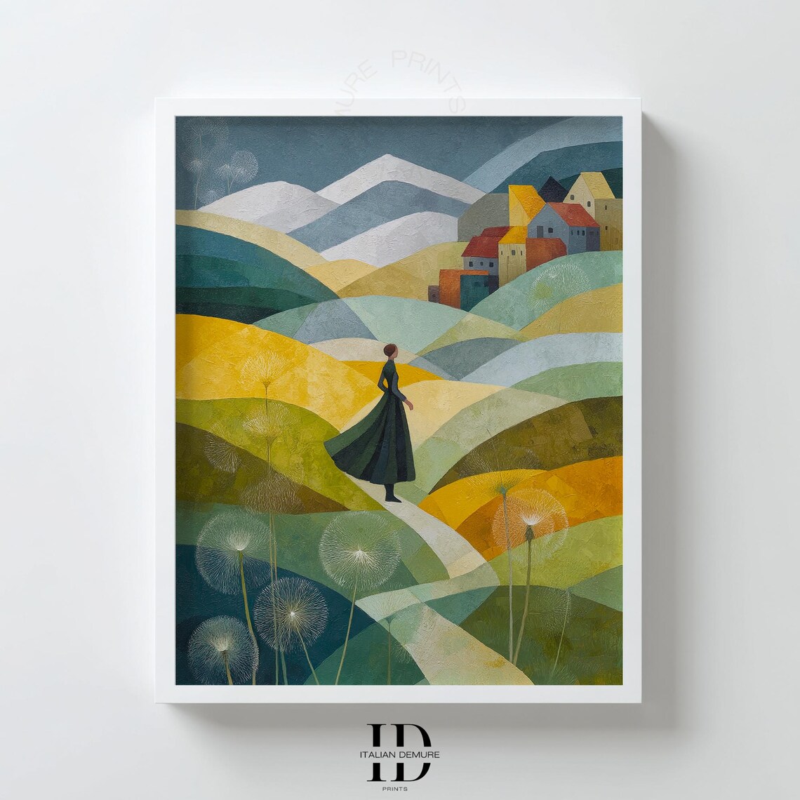 Woman Walking Geometric Rolling Hills Modern Village Dandelion Poster