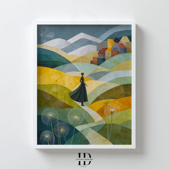 Geometric Landscape Wall Art Woman On Path In Rolling Hills Minimalist Village Print Modern Green Yellow Decor Poster