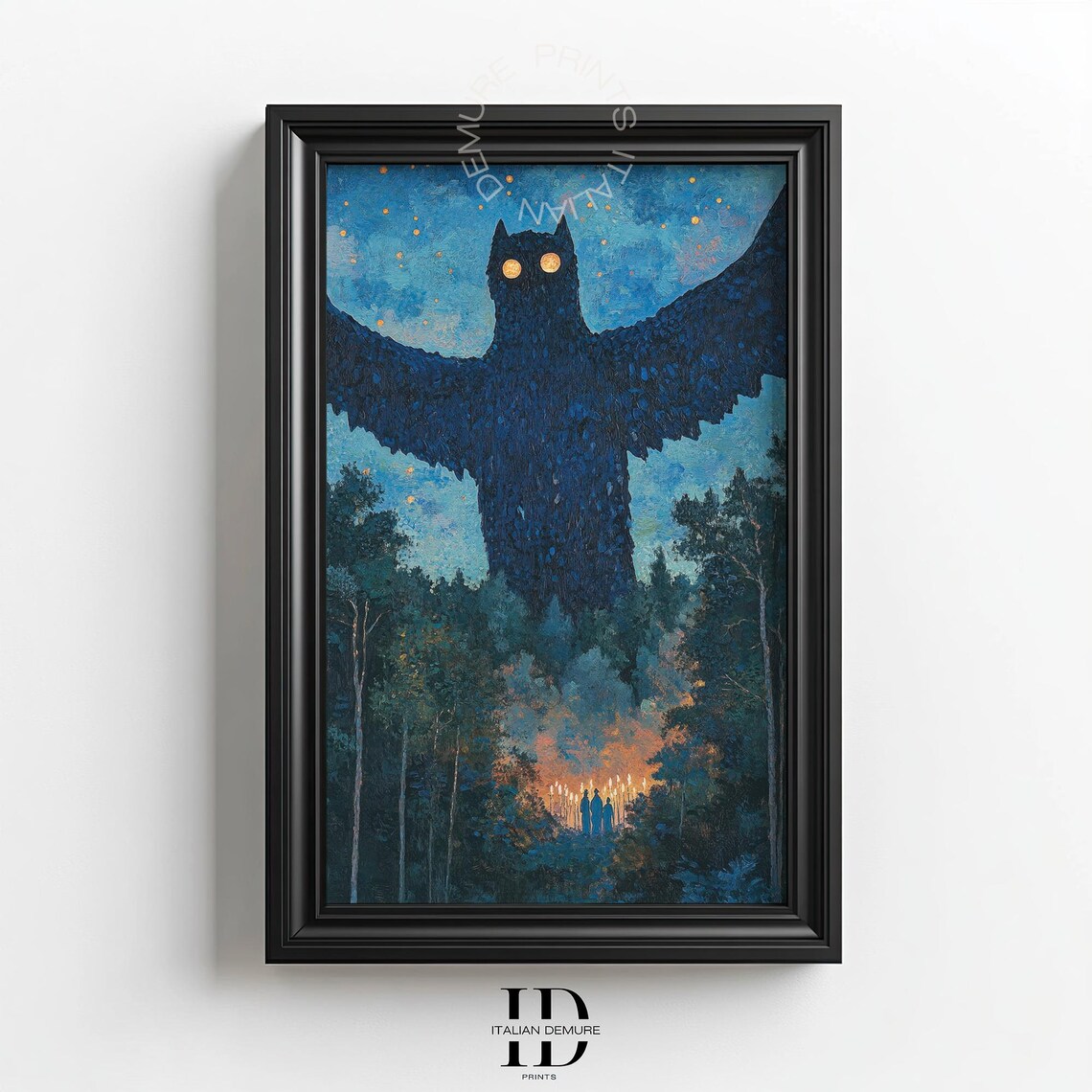 Giant Owl Glowing Eyes Night Forest Campfire Halloween Fantasy Poster
