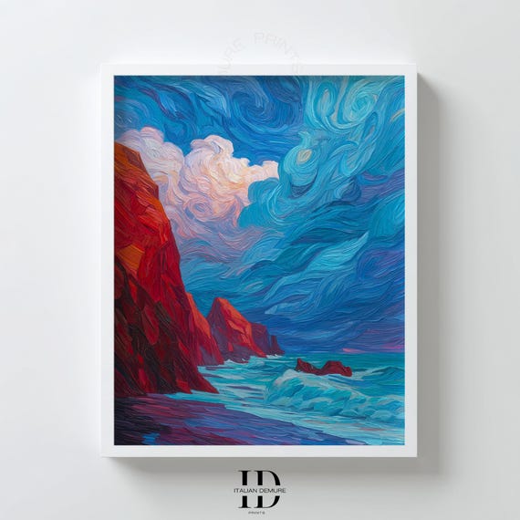 Red Cliff Ocean Wall Art Abstract Coastal Print Swirling Blue Sky Seascape Dramatic Seaside Landscape Poster