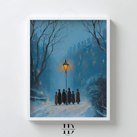 Victorian Winter Wall Art Blue Night Cityscape Print Gas Lamp Snow Scene Moody Vintage Landscape Poster