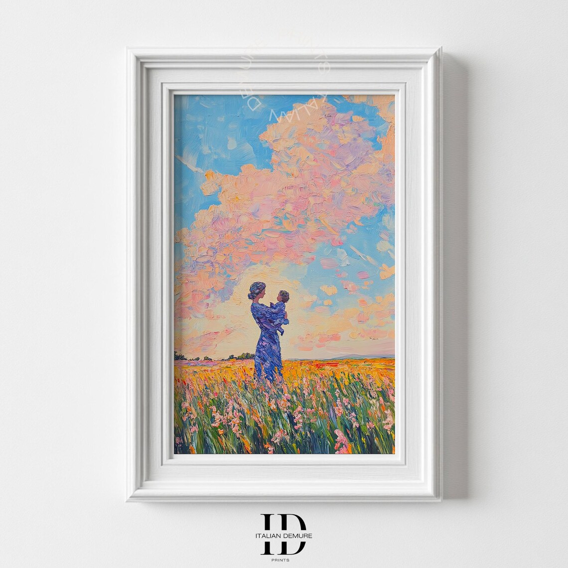 Mother Holding Child in Wildflower Field Sunset Impressionist Poster
