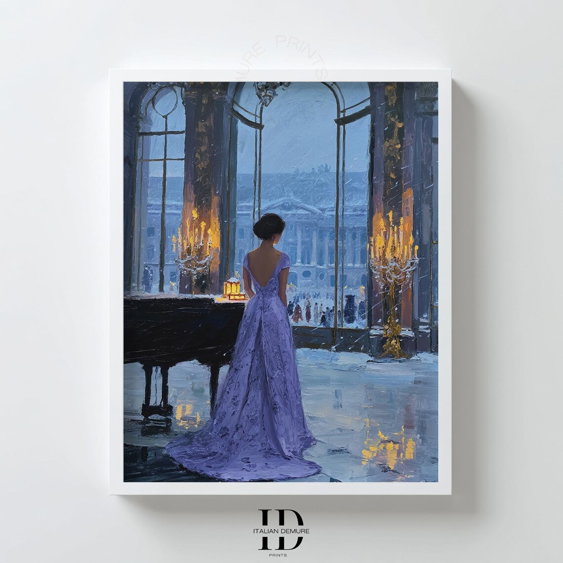 Elegant Ballroom Purple Gown Woman Grand Piano Candlelit Art Poster