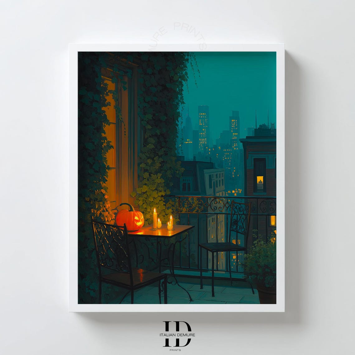 Halloween Night Balcony with Jack O Lantern Over City Skyline Poster
