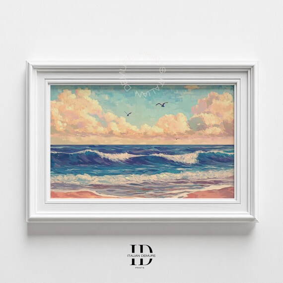 Serene Ocean Waves Peach Sky Coastal Calm Artwork Decor Poster