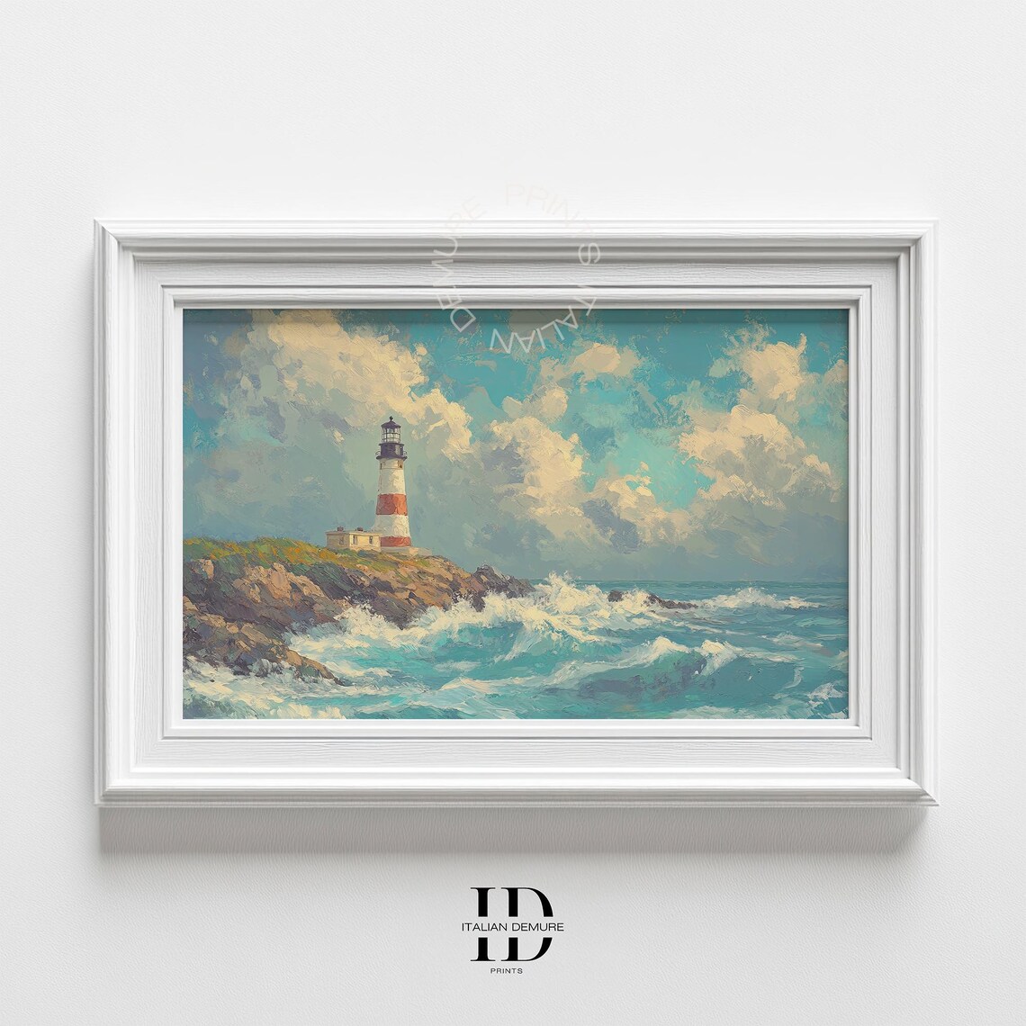 Lighthouse on Rocky Coast Waves Seascape Oil Painting Poster
