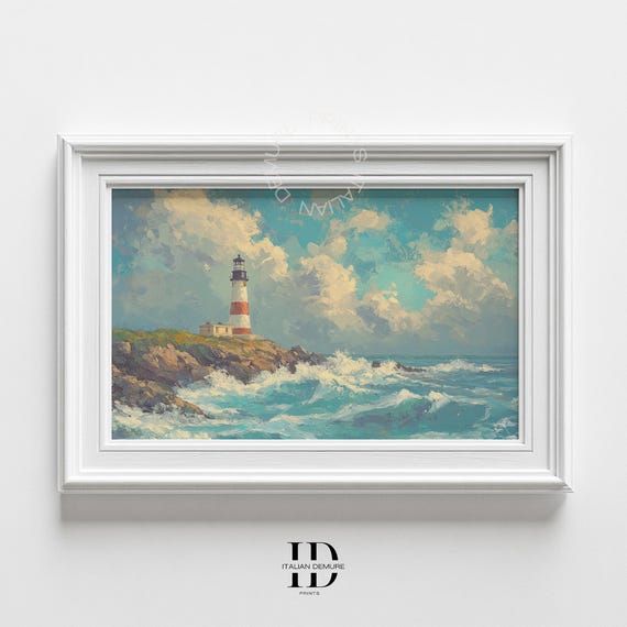 Coastal Lighthouse Print Nautical Seascape Painting Ocean Waves Wall Art Maritime Beach Decor Artwork