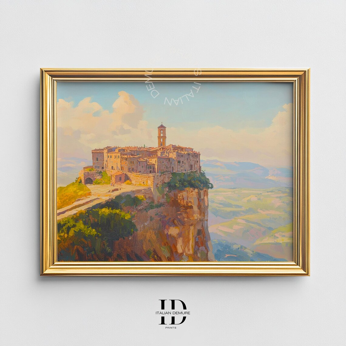 Italian Hilltop Village On Cliff At Sunset Vintage Travel Art Poster