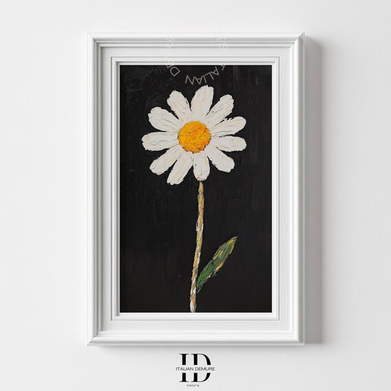 Single White Daisy Black Background Bold Impasto Floral Art Print