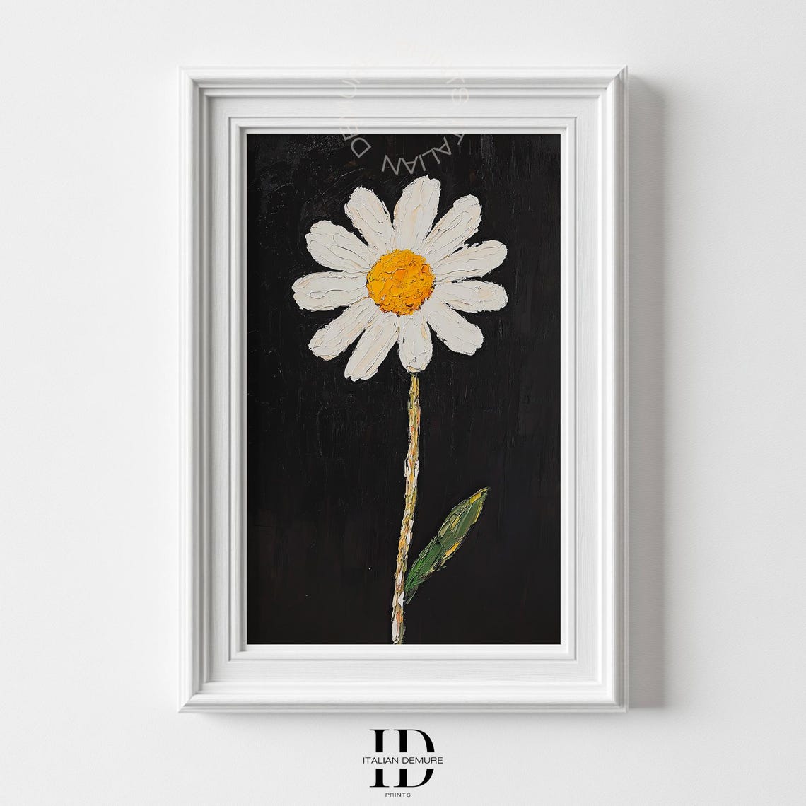 Single White Daisy Black Background Bold Impasto Floral Art Print
