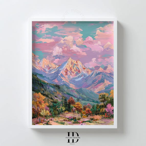 Colorful Mountain Landscape Print Pink Sky Wall Art Vibrant Nature Painting Modern Scenic Poster For Home Decor