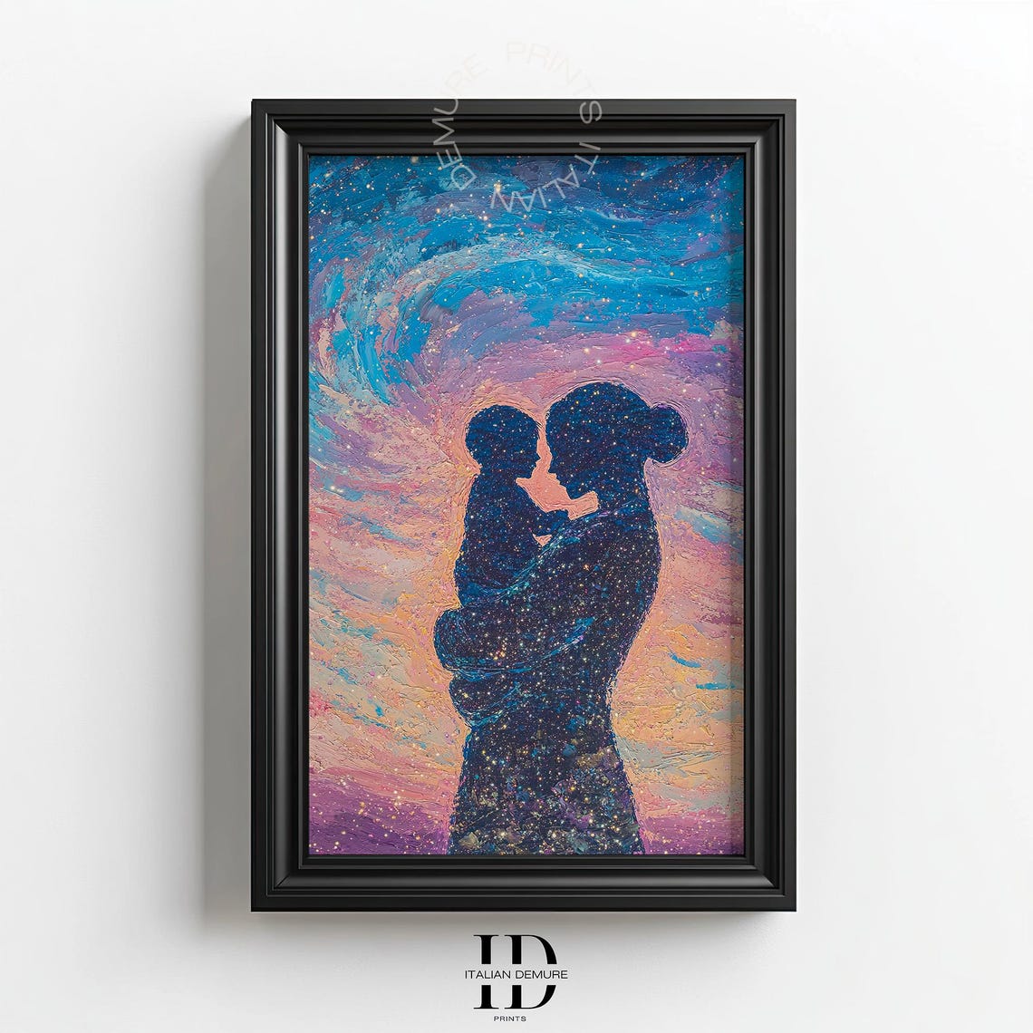 Mother Child Silhouette Starry Galaxy Celestial Nursery Art Poster