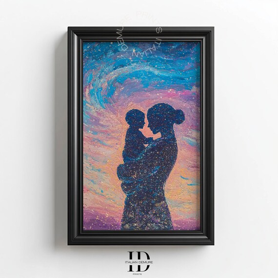 Mother And Baby Art Print Celestial Motherhood Wall Cosmic Mom Child Poster Starry Sky Nursery Decor