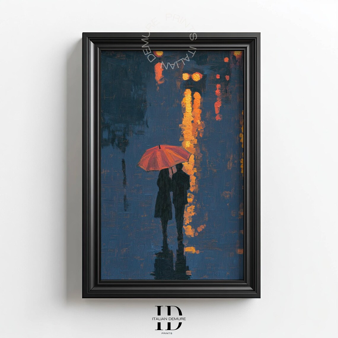 Couple Under Red Umbrella Rainy Night Romantic City Silhouette Poster