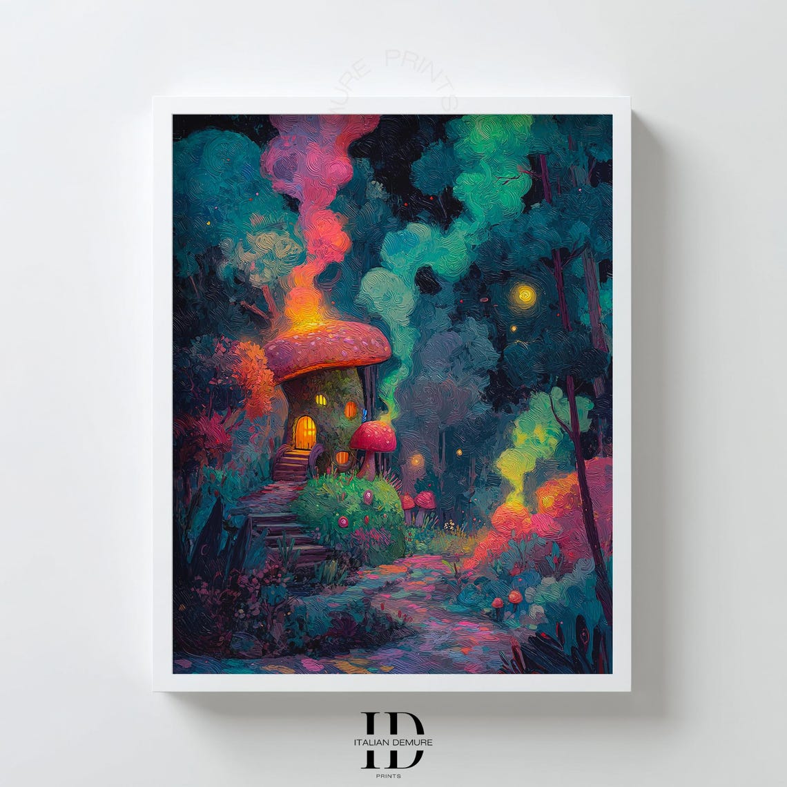 Glowing Mushroom House Neon Night Forest Fairytale Art Poster