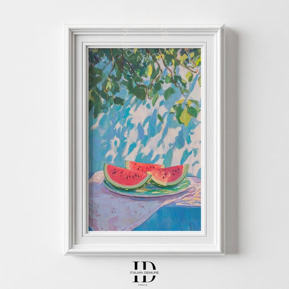 Watermelon Slices Under Summer Shade Vibrant Fruit Still Life Painting Kitchen Wall Art With Light Nature