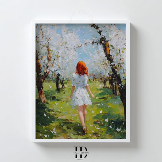 Red Haired Girl In Blossom Orchard Spring Impressionist Poster