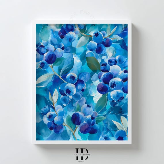 Blueberry Botanical Wall Art Watercolor Fruit Kitchen Print Modern Blue Food Illustration Country Decor