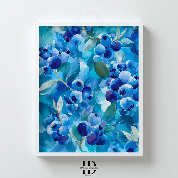 Blueberry Botanical Watercolor Fruit Art Kitchen Decor Wall Art