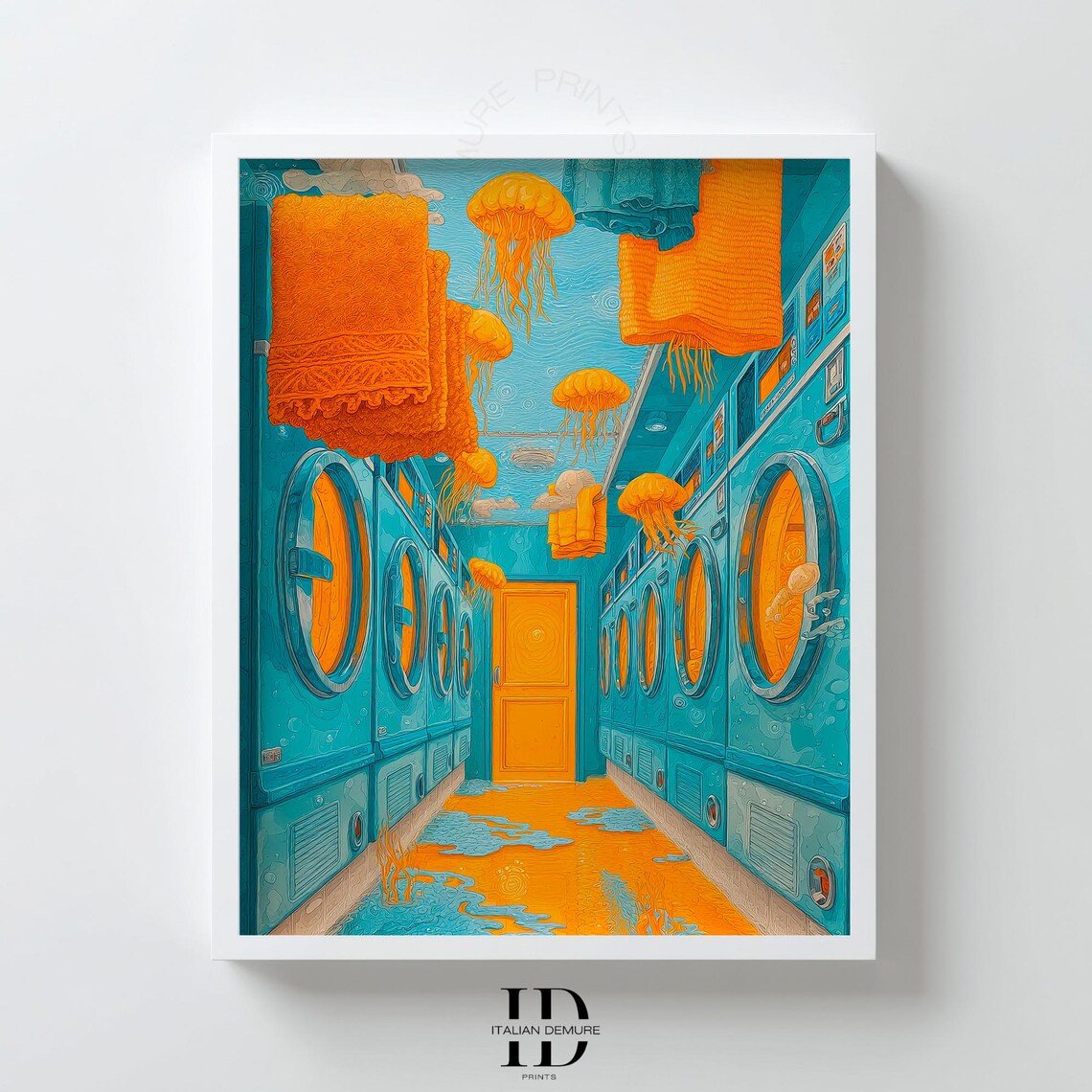 Surreal Jellyfish Laundromat Flooded Orange Teal Dreamlike Art Poster