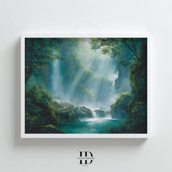Waterfall Jungle Wall Art Lush Green Forest Print Nature Landscape Poster Tropical Rainforest Decor Tranquil Scene