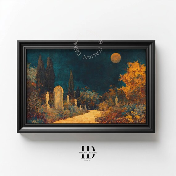 Moonlit Cemetery Path Print Gothic Autumn Night Landscape Wall Art Haunted Graveyard Scene Painting For Home Decor