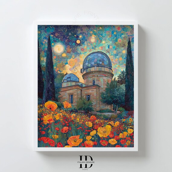 Starry Night Observatory Wall Art Colorful Astronomy Dreamy Poppy Field Print Sky Landscape For Bedroom Decor
