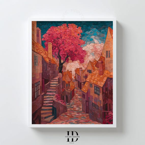 Pink Tree Village Wall Art Mosaic Collage Print Whimsical Town Street Terracotta Decor Fairytale Landscape Poster