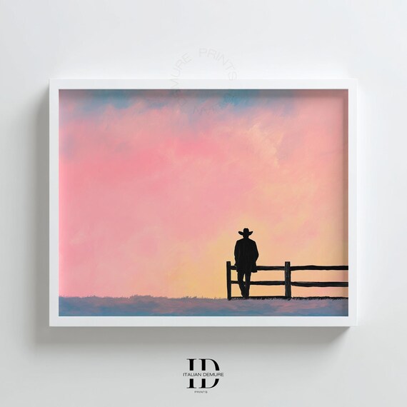 Cowboy Silhouette Sunset Wall Art Minimal Western Pink Sky Country Landscape Rustic Pastel Poster