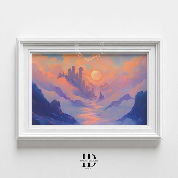 Dreamy Fantasy Landscape Print Ethereal Sunset Sky Mystical Mountain Wall Art Surreal Cloudscape Painting For Home