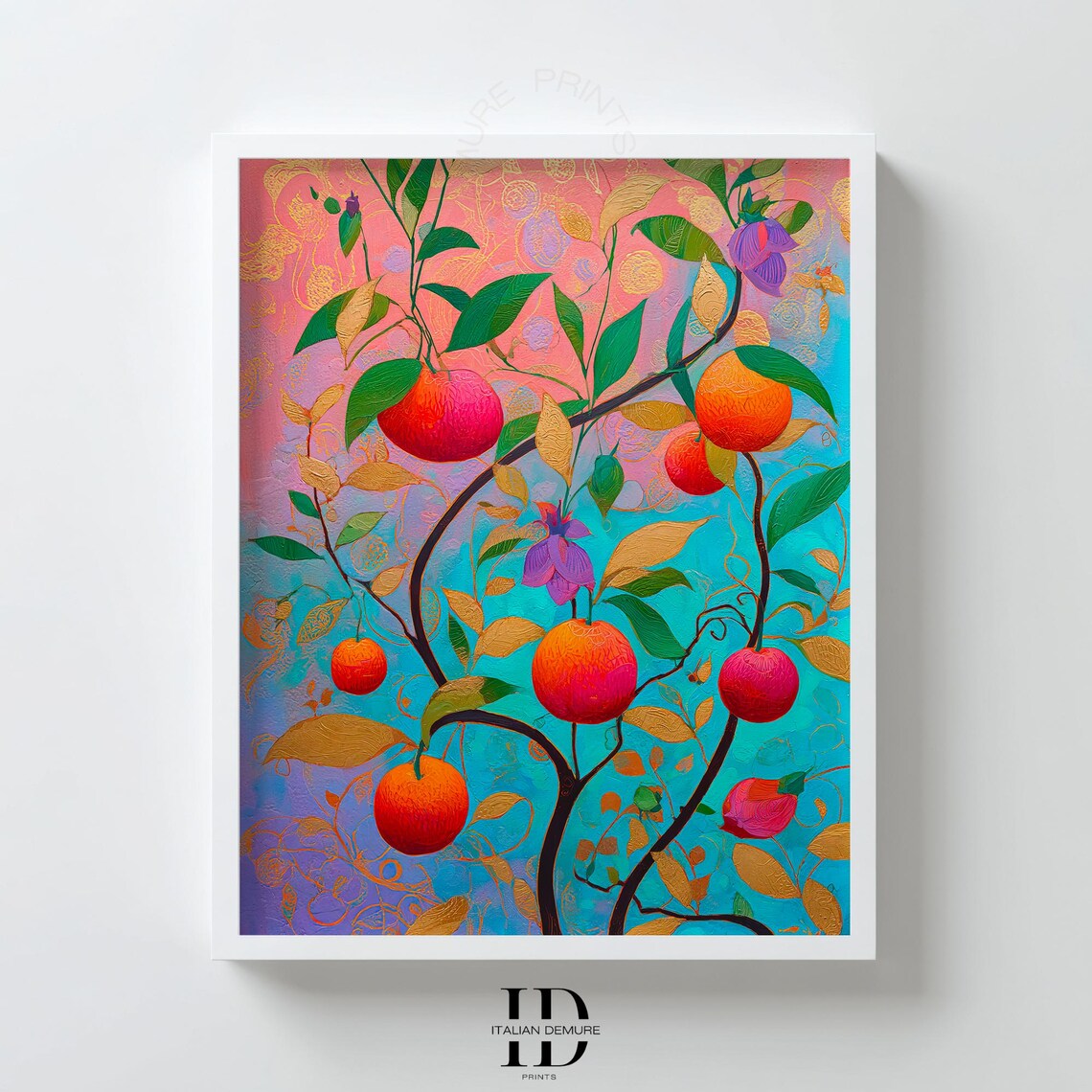 Orange Fruit Tree Wall Art Vibrant Botanical Print Colorful Peach Branch Poster Modern Kitchen Decor Artwork