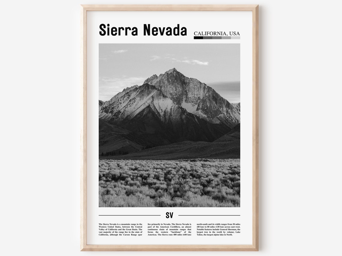 Sierra Nevada California Black White Mountain Peaks Photo Poster