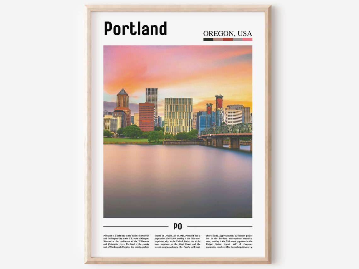 Portland Oregon Sunset Skyline River Bridge Evening Travel Poster
