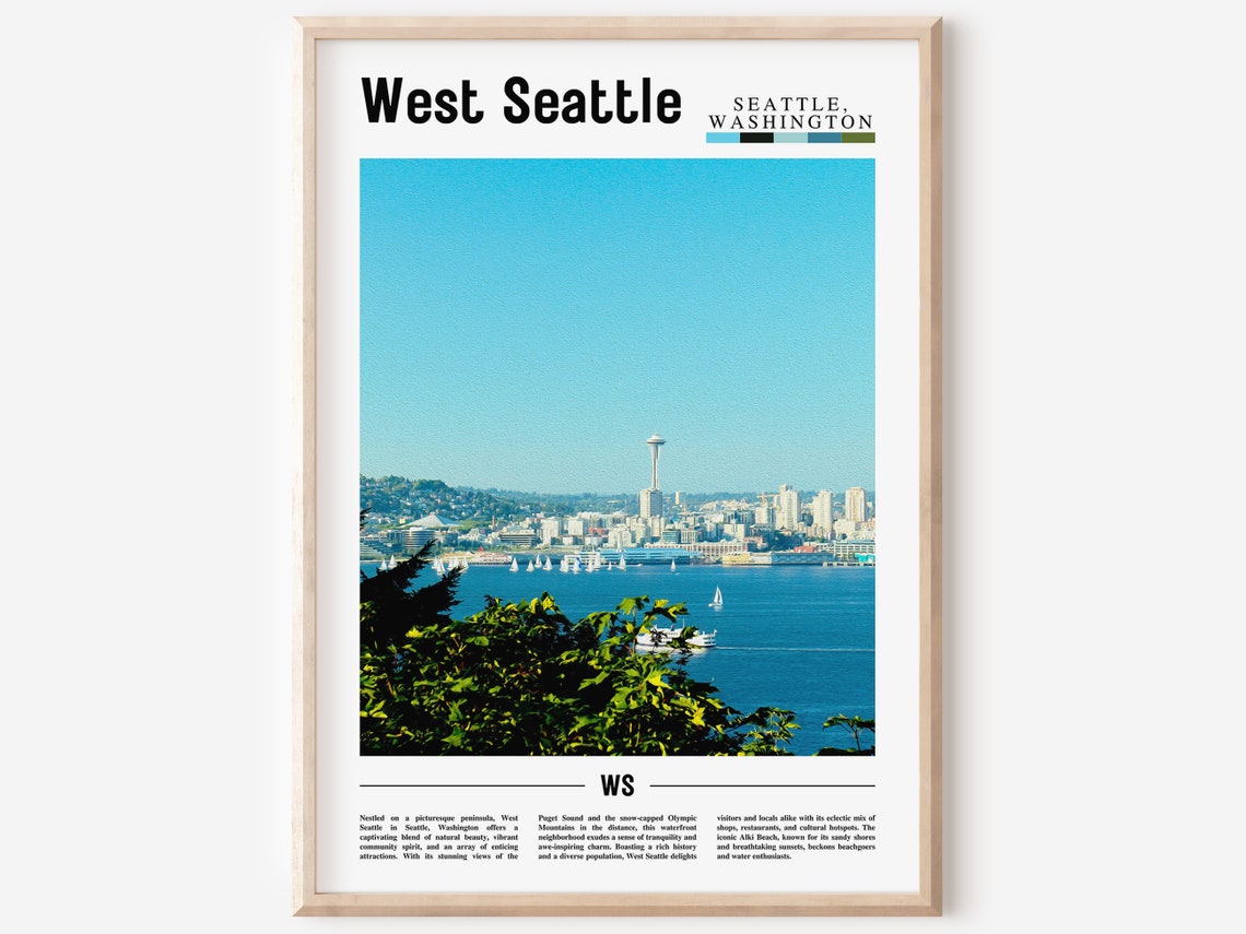 West Seattle Washington Space Needle Skyline Waterfront Travel Poster