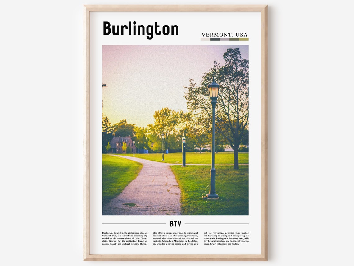 Burlington Vermont Lamp Lit Park Path at Sunset Travel Poster