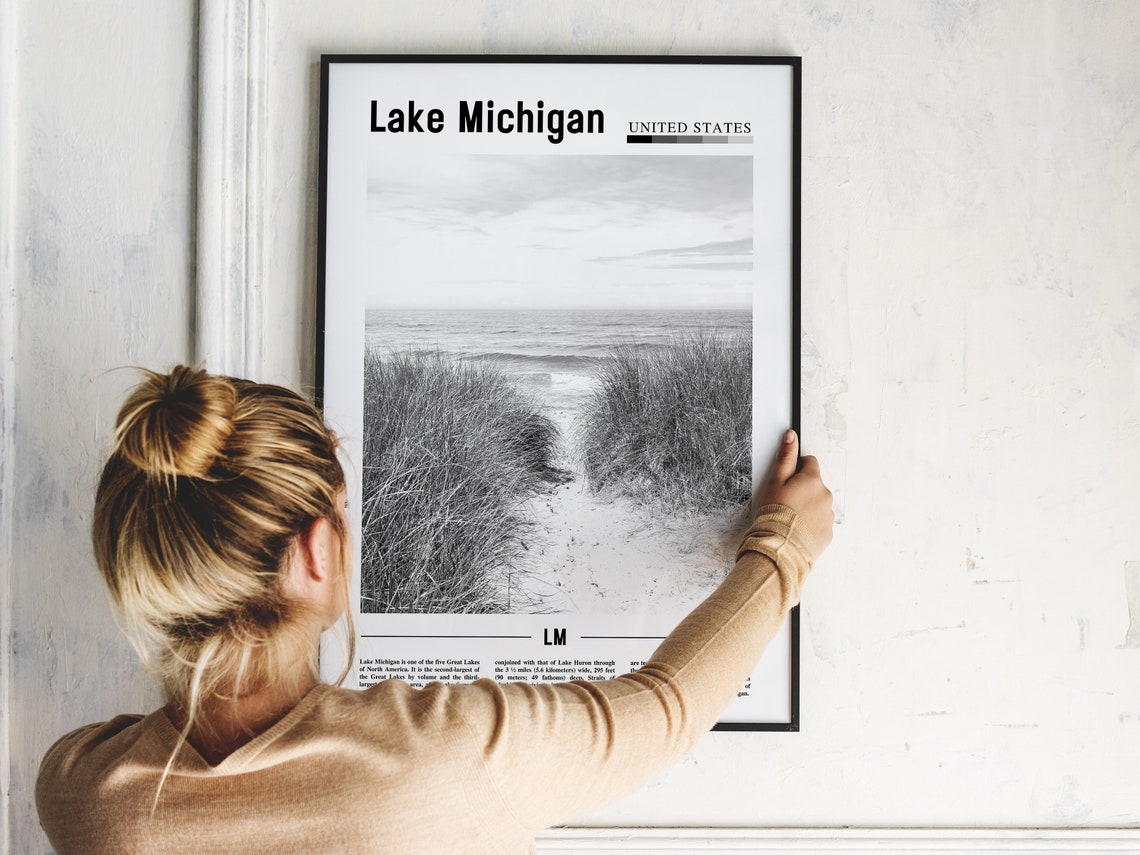 Lake Michigan Poster Black And White Lake Michigan Print Black And White Lake Michigan Wall Art Minimal Travel Print Travel Poster - Image 2