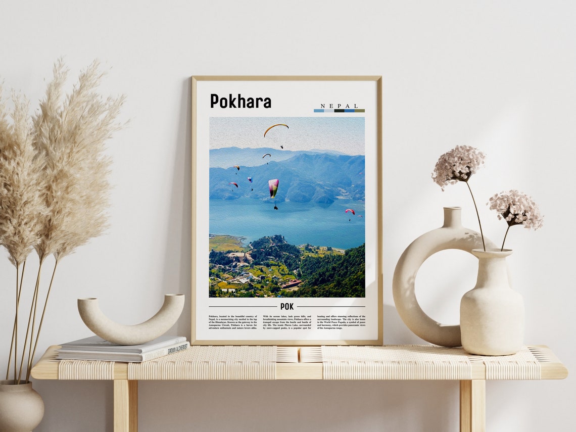 Pokhara Nepal Paragliders Over Blue Lake and Mountains Poster - Image 3