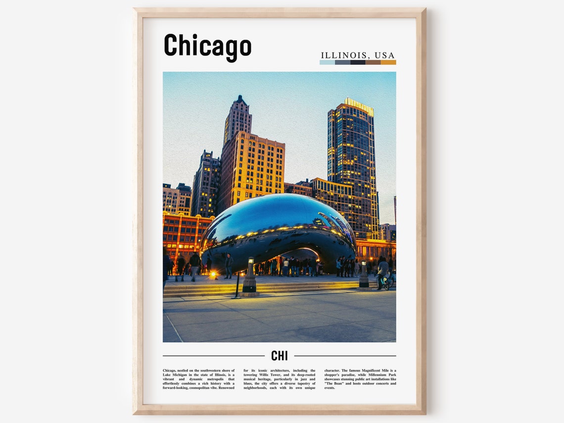 Chicago Cloud Gate Bean Poster Millennium Park Sculpture Sunset Art