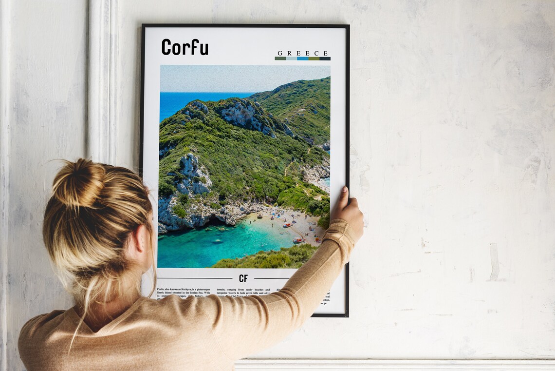 Corfu Greece Ionian Sea Green Hillside Cove Beach Aerial Poster - Image 2