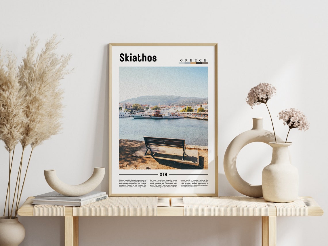 Skiathos Greece Harbor Bench Waterfront Boats Seaside Travel Poster - Image 3